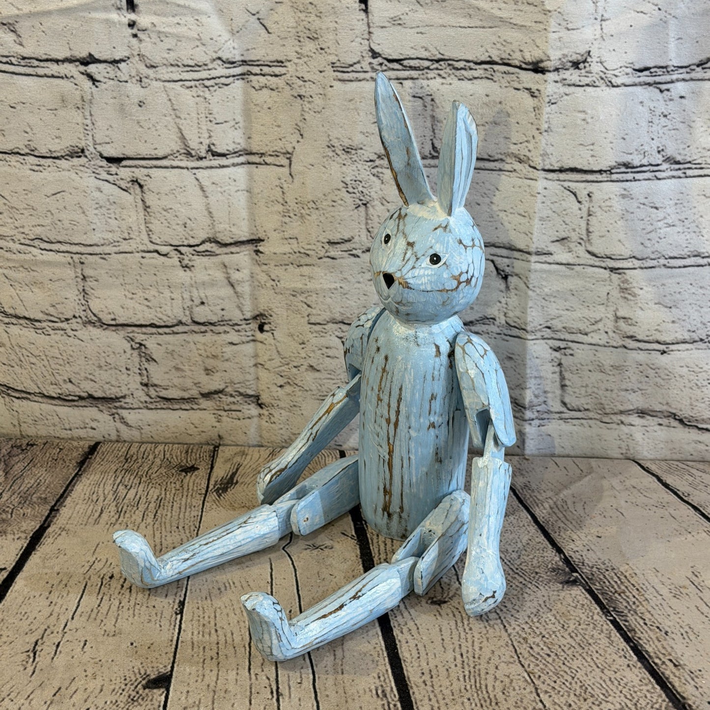 30cm Blue Bunny Rabbit Sitting Animal, Wooden Shelf Ornament Handmade Fairtrade0