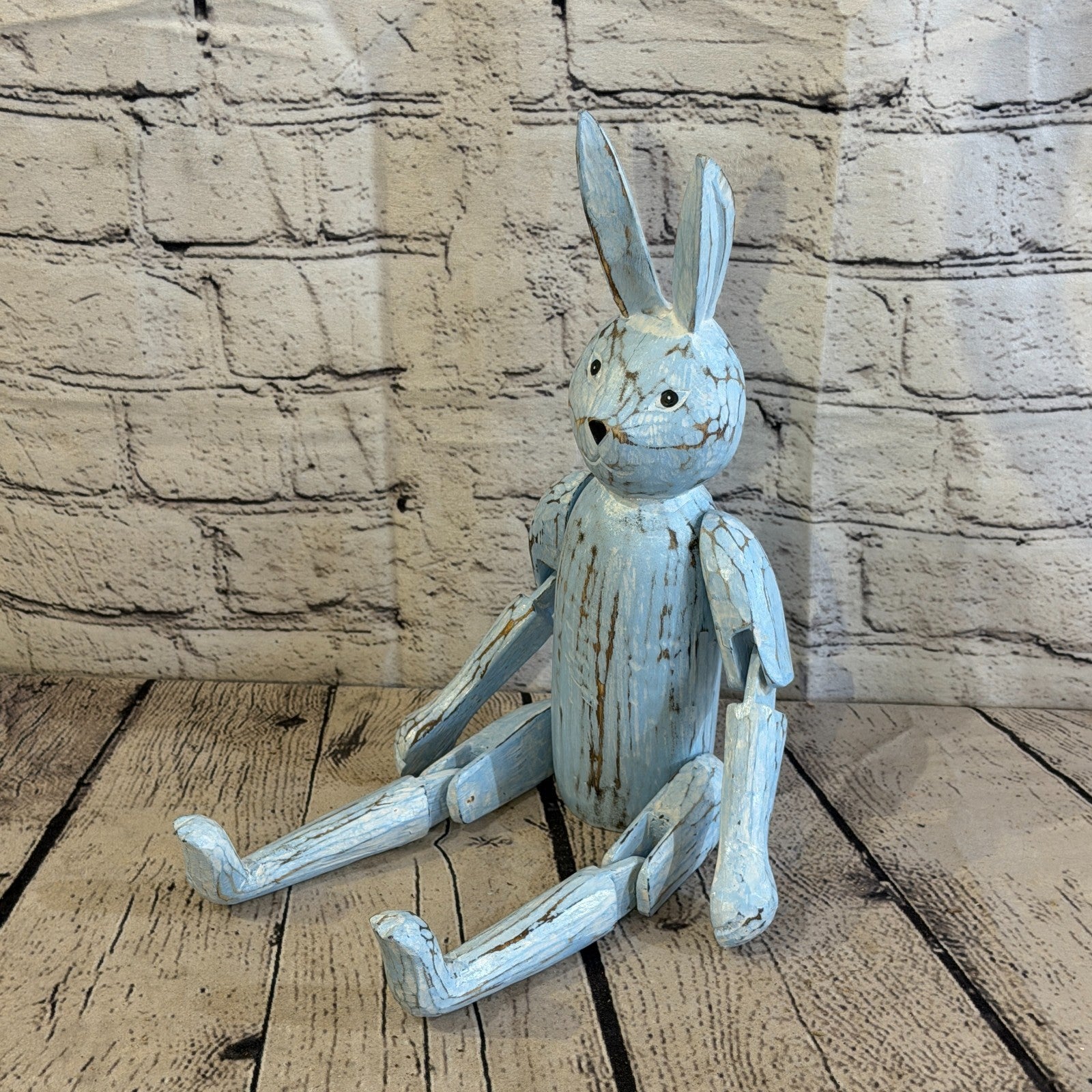 30cm Blue Bunny Rabbit Sitting Animal, Wooden Shelf Ornament Handmade Fairtrade0