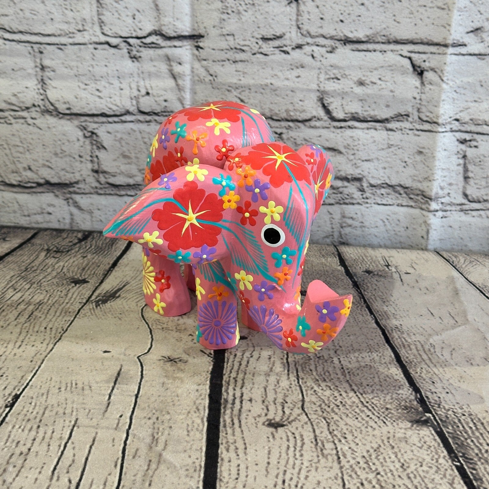Pink Wooden Elephant With Flower Pattern 15cm x 18cm Handmade and Fairtrade0