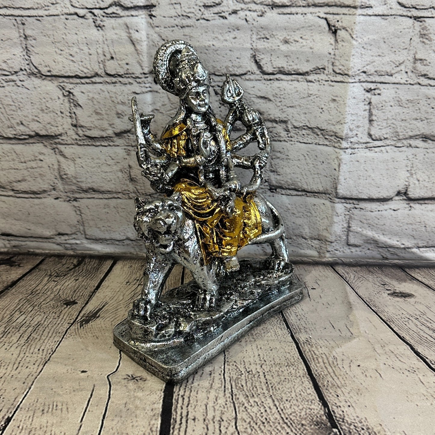 Silver And Gold 25cm x 15cm Large Durga Sitting Lotus Statue Resin Hindu God2