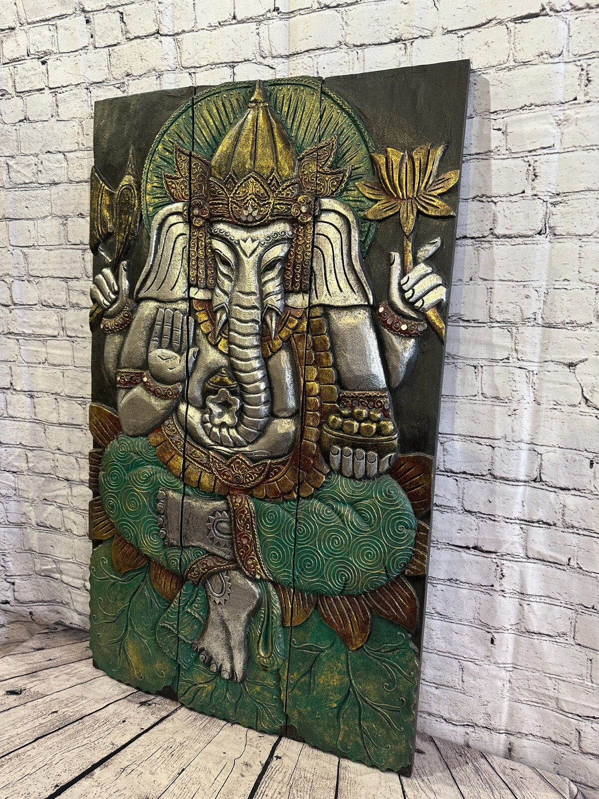 100cm x 60cm Ganesh Colourful Panel Wooden Wood Panel Wall Art Plaque Handcarved2