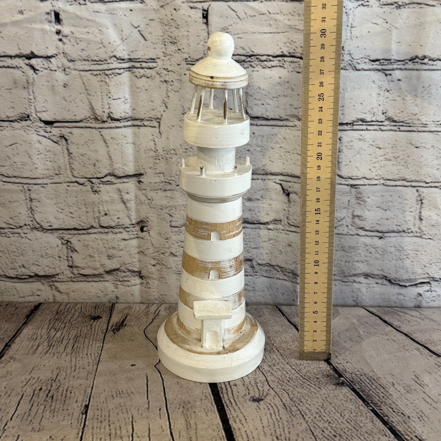 30cm Cream White Wooden Lighthouse Detailed Ornament Nautical Coastal Sculpture3