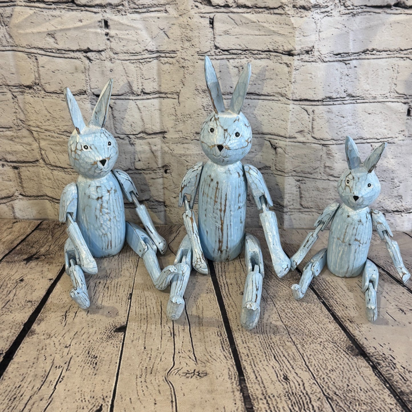 25cm Blue Bunny Rabbit Sitting Animal, Wooden Shelf Ornament Handmade Fairtrade8