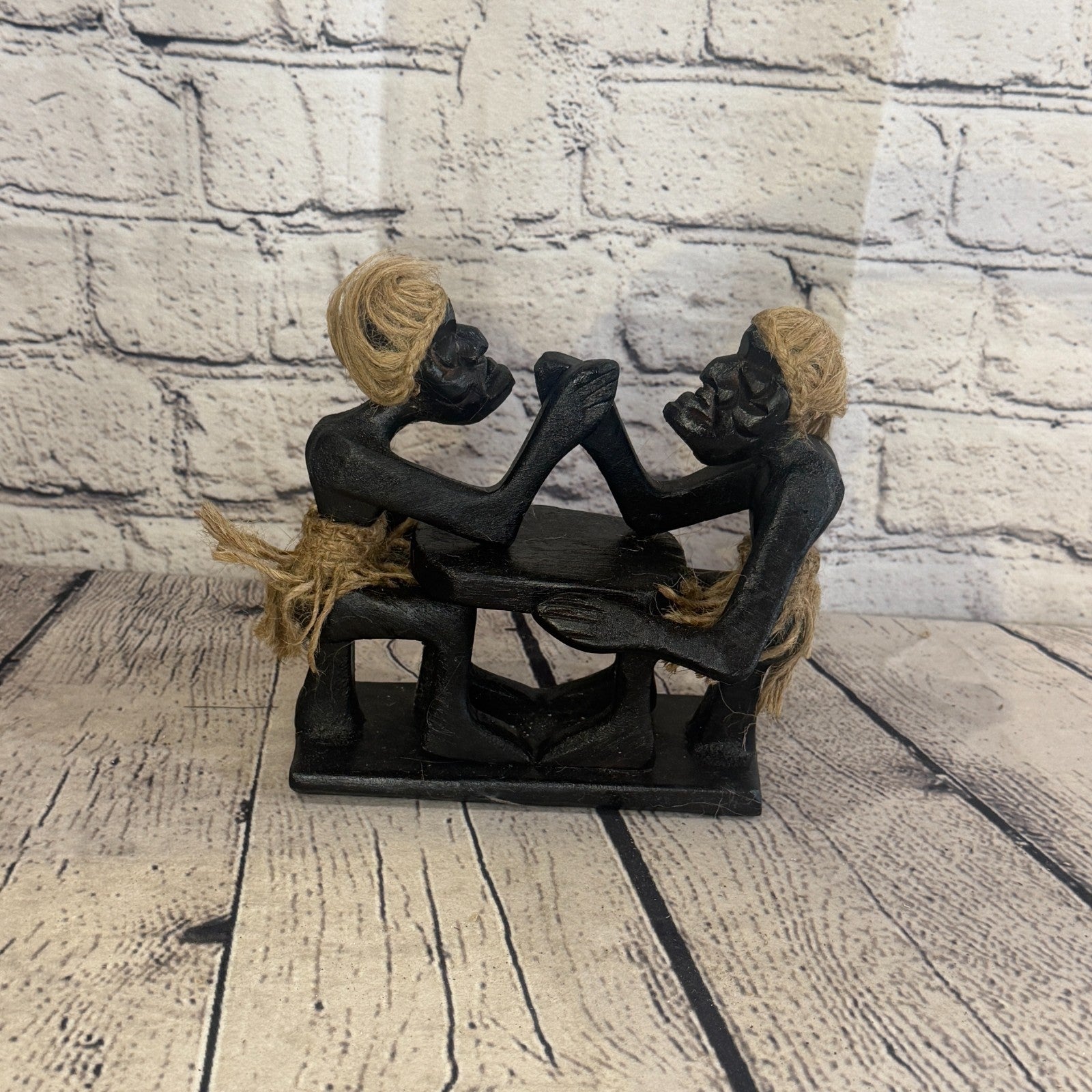 15cm Arm Wrestling African Tribal Warrior Man Figure Statue Wood Hand Carved0