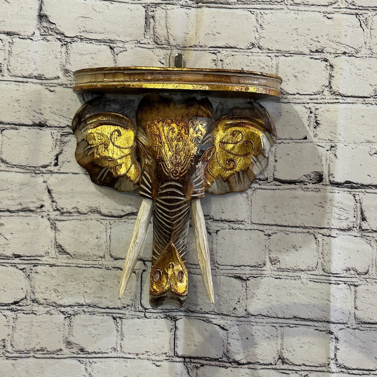 25cm x 25cm Brown Gold Shelf Wood Elephant Head Wall Mounted Art Large Shabby2