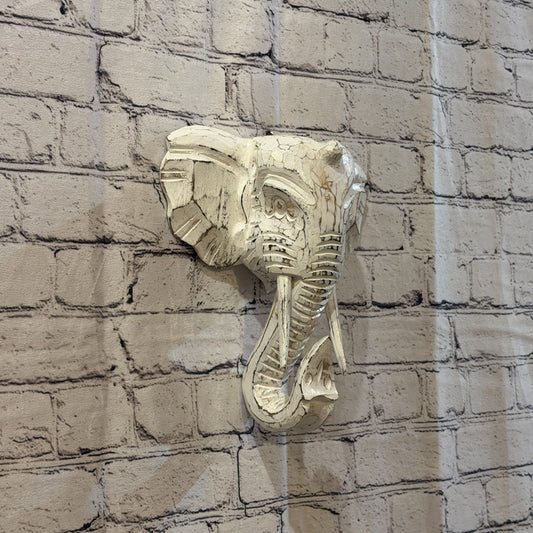 25cm x 25cm Plain White Painted Wood Elephant Head Wall Mounted Art Shabby0