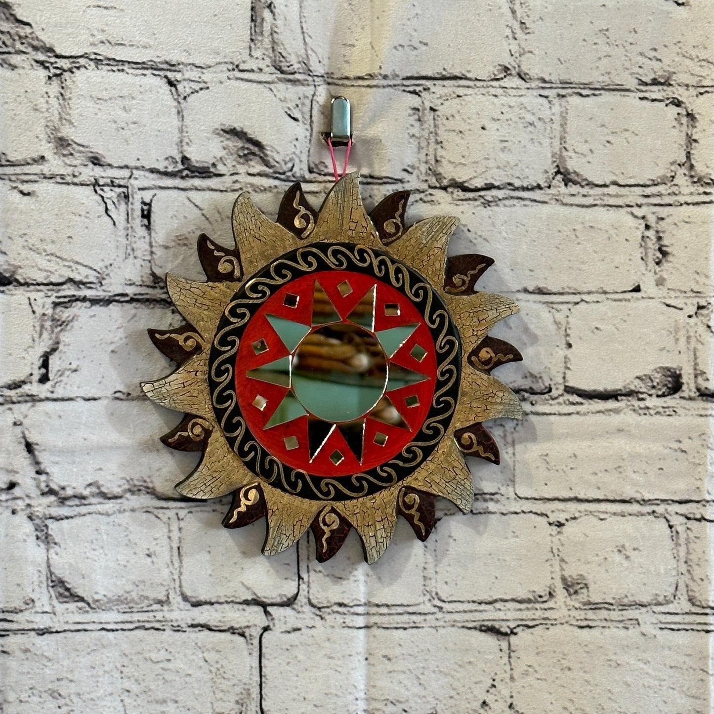 Red Gold Sun Mosaic Tile Wall Mirror 20cm x 20cm 8 Inches Handmade Fairtrade0