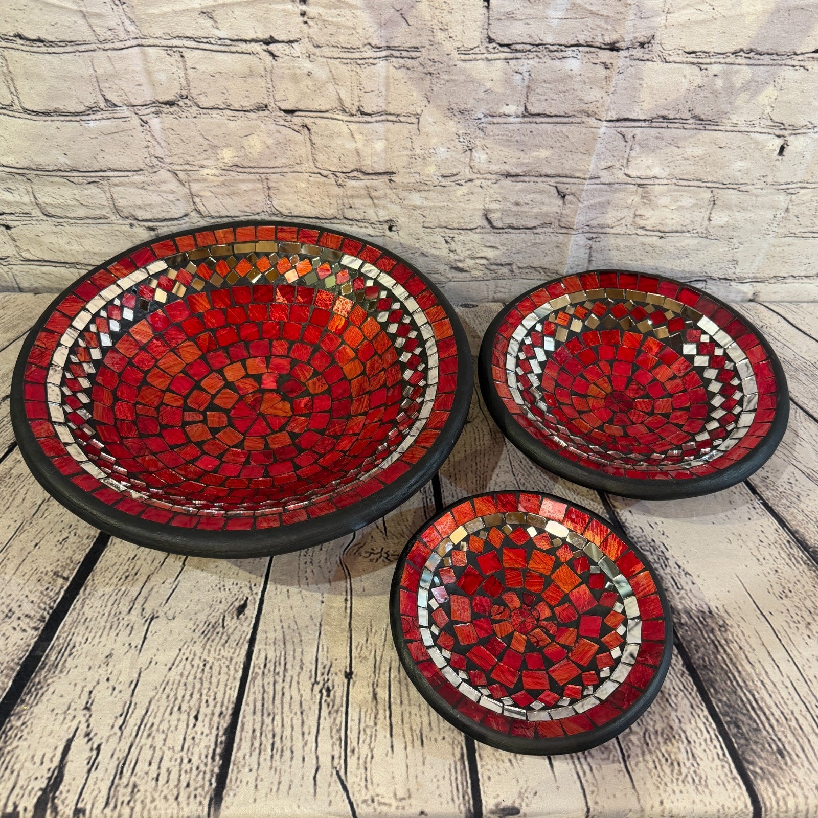 20cm Red Round Mirror Mosaic Handmade Ceramic Glass Tile Bowl Fruit4