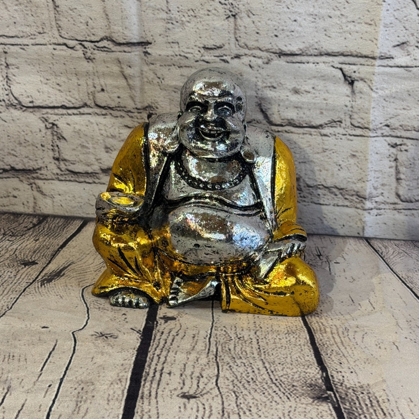 Silver And Gold 15cm x 15cm Large Chinese Buddha Sitting On Lotus Statue Resin1