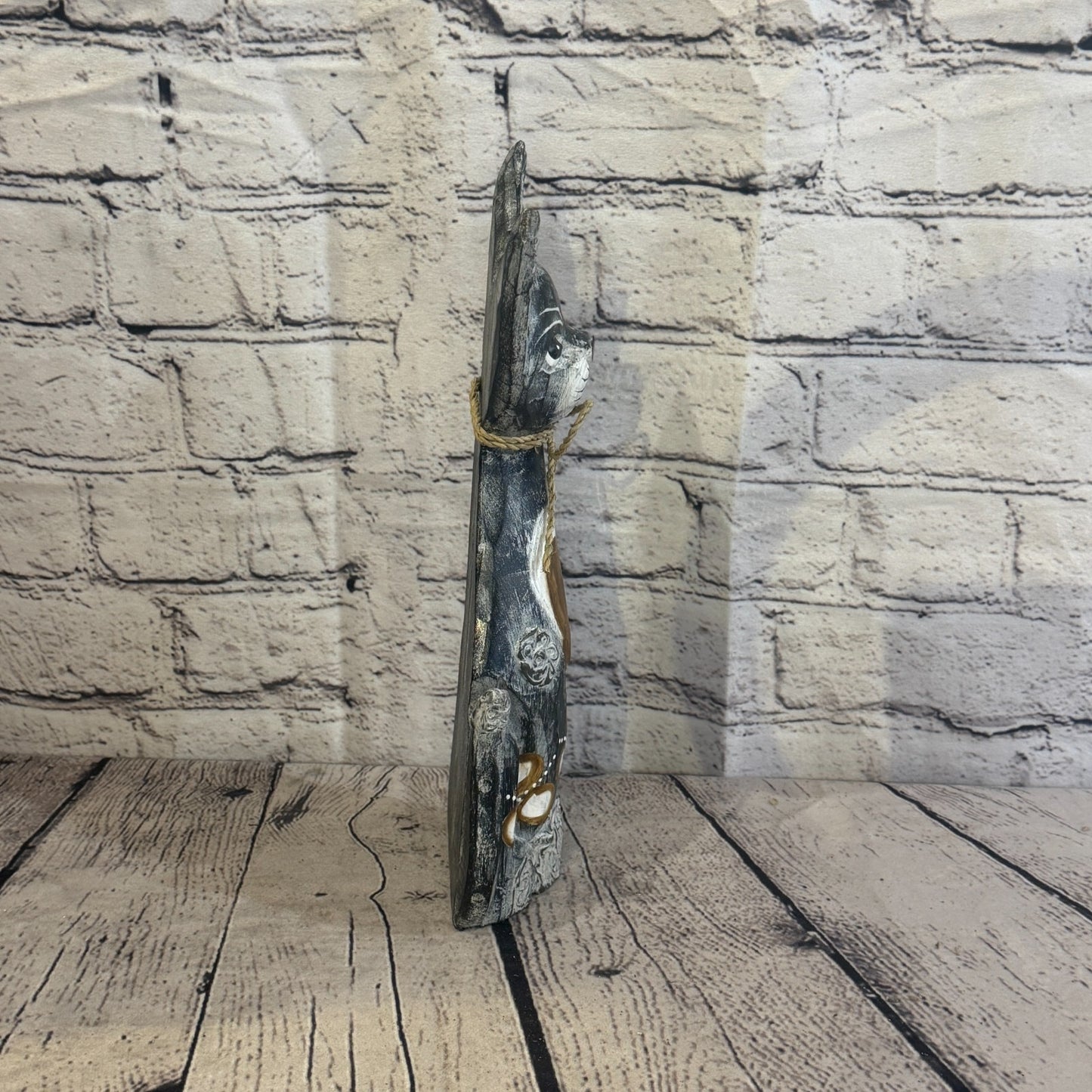30cm Grey Silver Dots Wooden Shabby Cat Statue Ornament Fair Trade Handcarved3