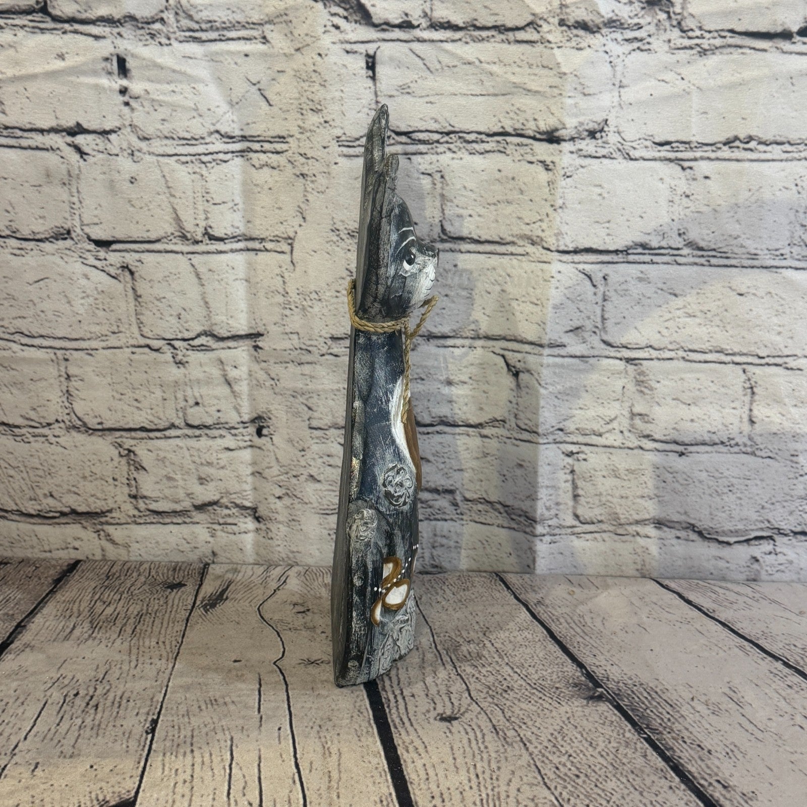 30cm Grey Silver Dots Wooden Shabby Cat Statue Ornament Fair Trade Handcarved3