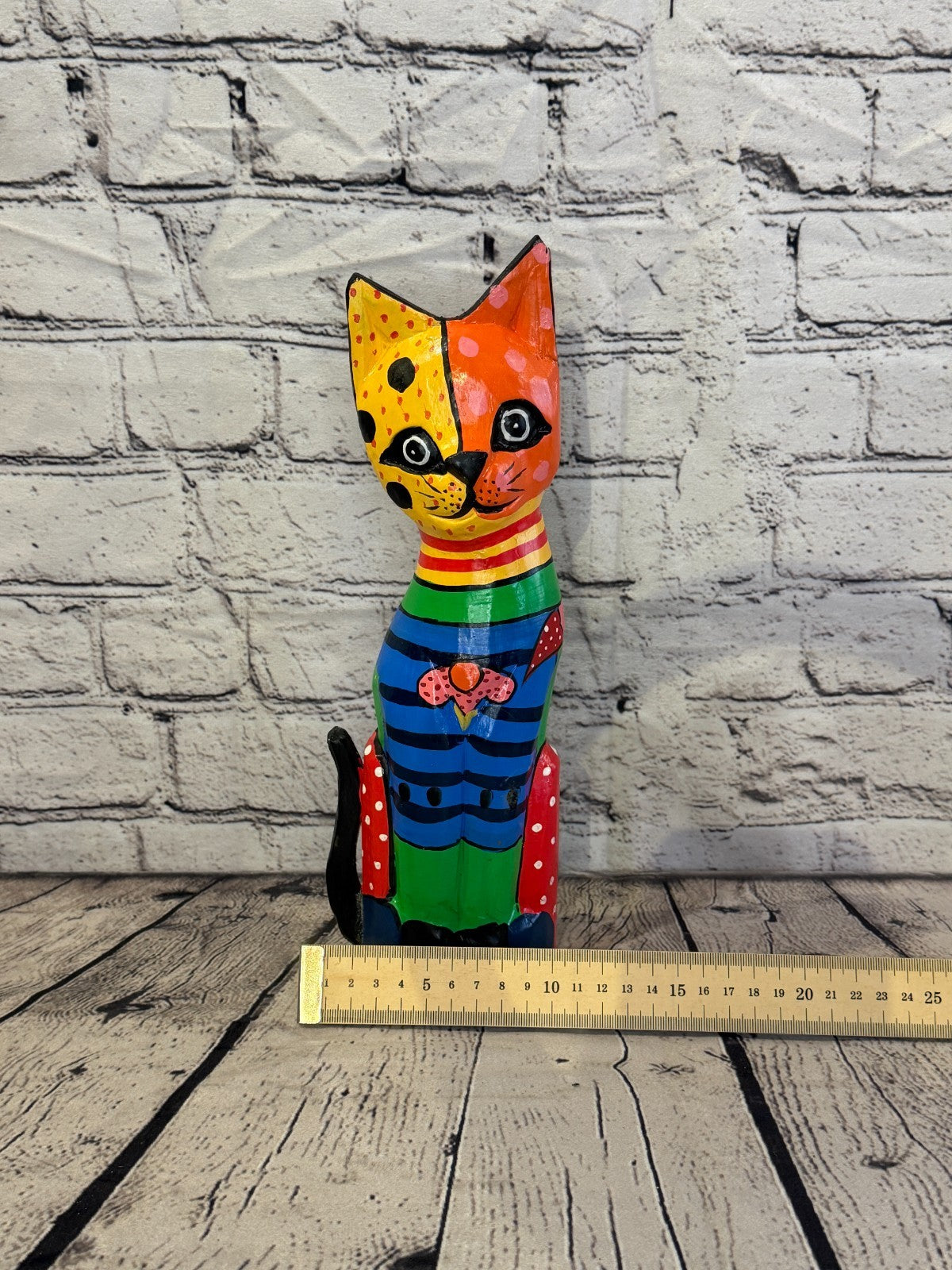 30cm Bright Mix Flower Wooden Shabby Cat Statue Ornament Fair Trade Handcarved6
