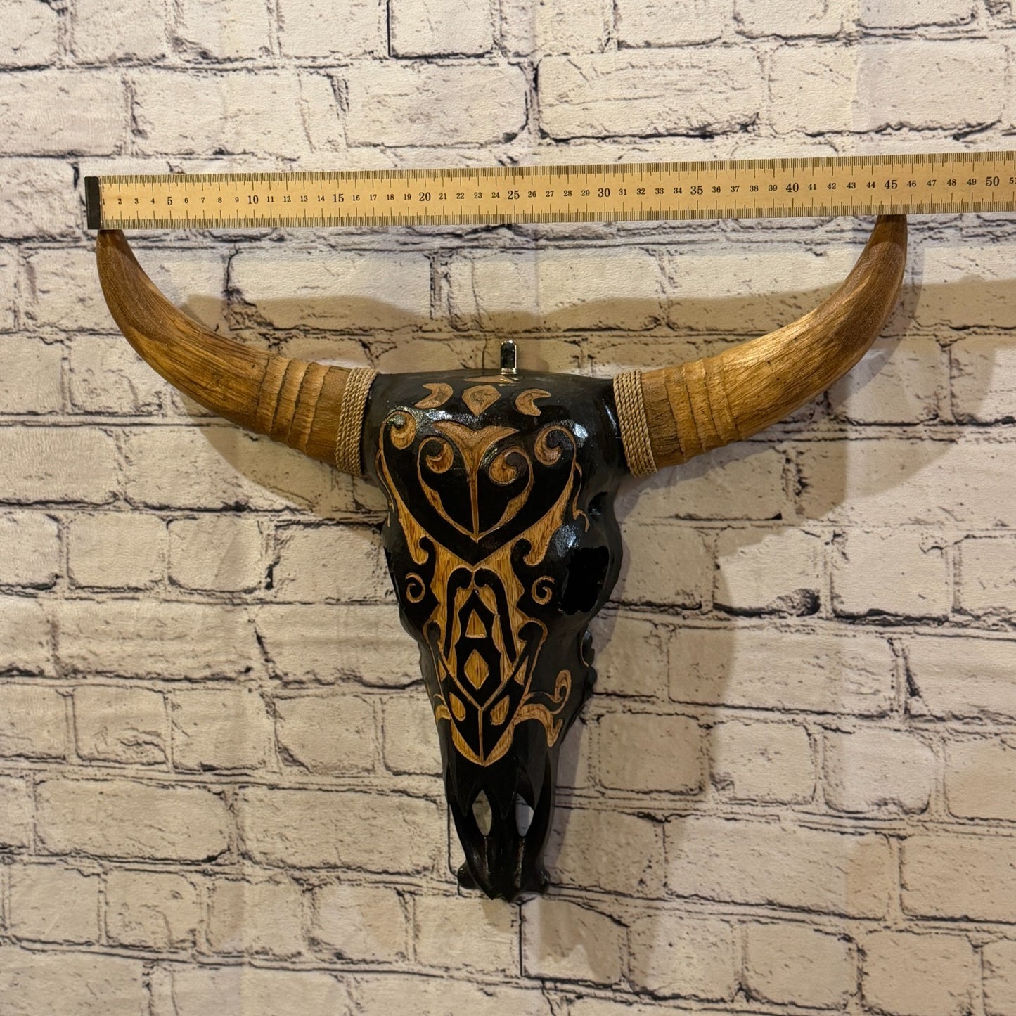 45cm x 45cm Brown Light Painted Wood Cow Skull Head Wall Mounted Art Shabby3