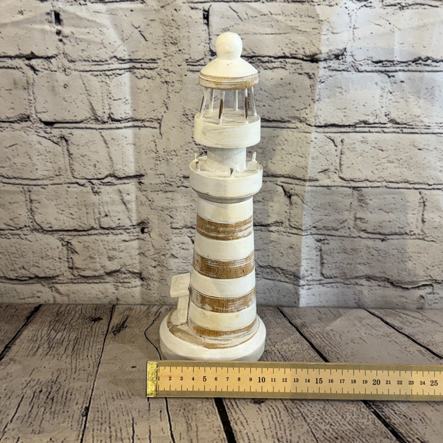 30cm Cream White Wooden Lighthouse Detailed Ornament Nautical Coastal Sculpture5