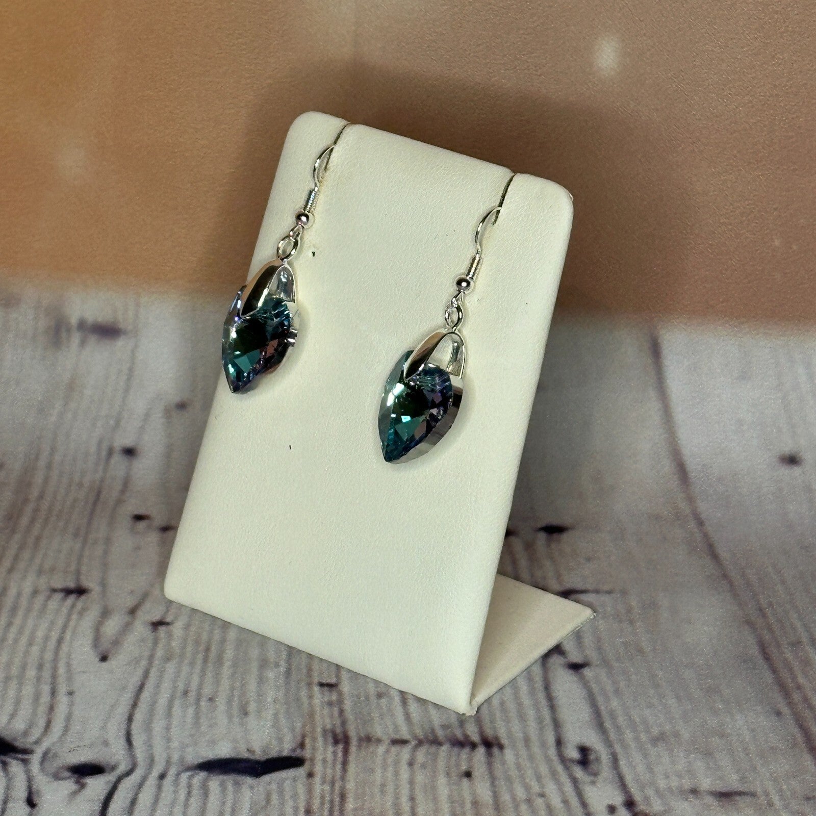 Light Blue Crystal Heart Shaped Dangle Drop Earrings Handmade UK Jewellery1