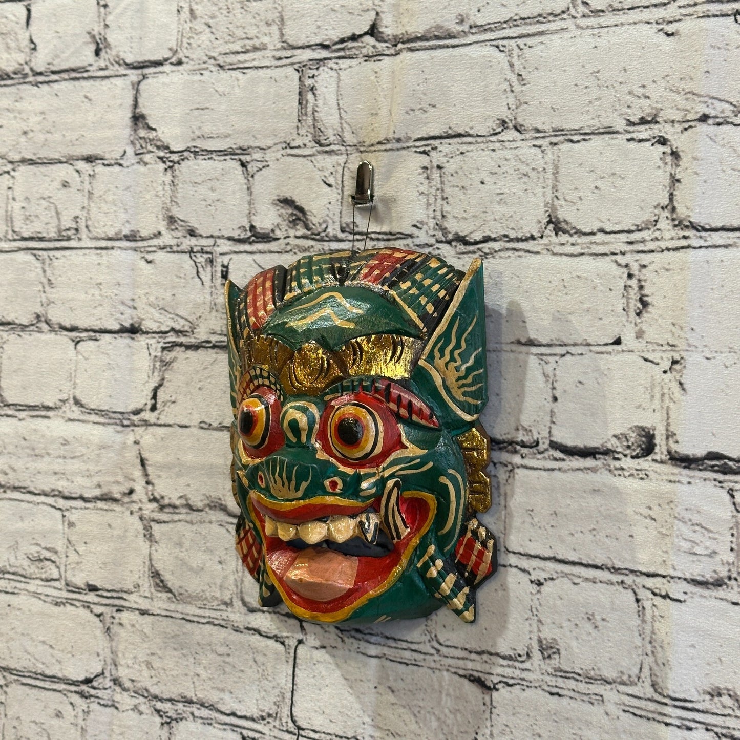 Large Wooden Green Barong Wall Mask 20cm x 20cm Handmade And Fairtrade Hindu1