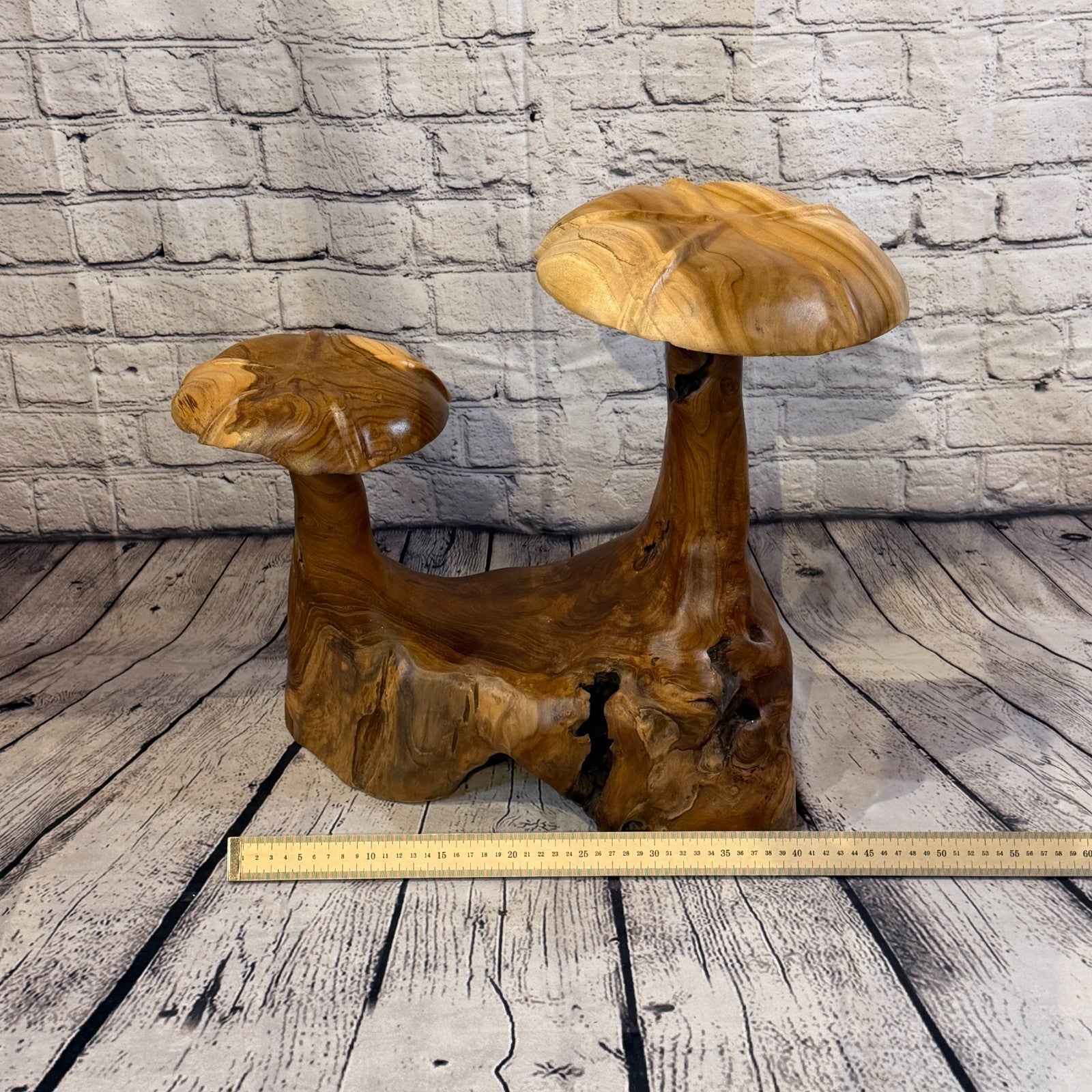 45cm x 40cm Double Wooden Mushroom Toadstool Sculpture Garden Teak Root Ornament6