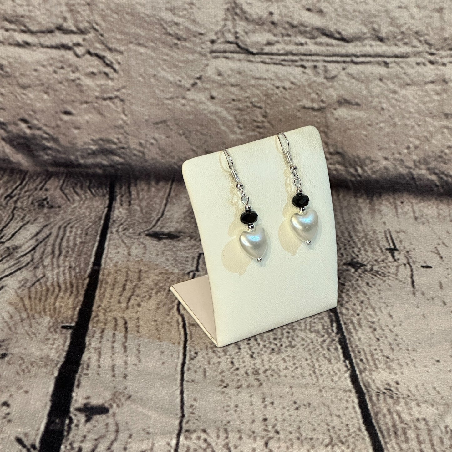 Black Crystal And White Heart Shaped Dangle Drop Earrings Handmade UK Jewellery2