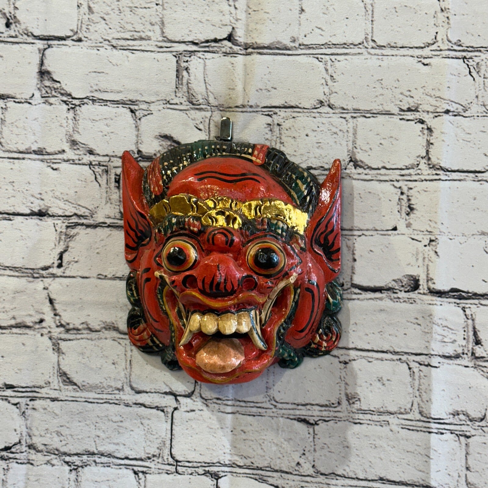 Large Wooden Red Barong Wall Mask 20cm x 20cm Handmade And Fairtrade Hindu2