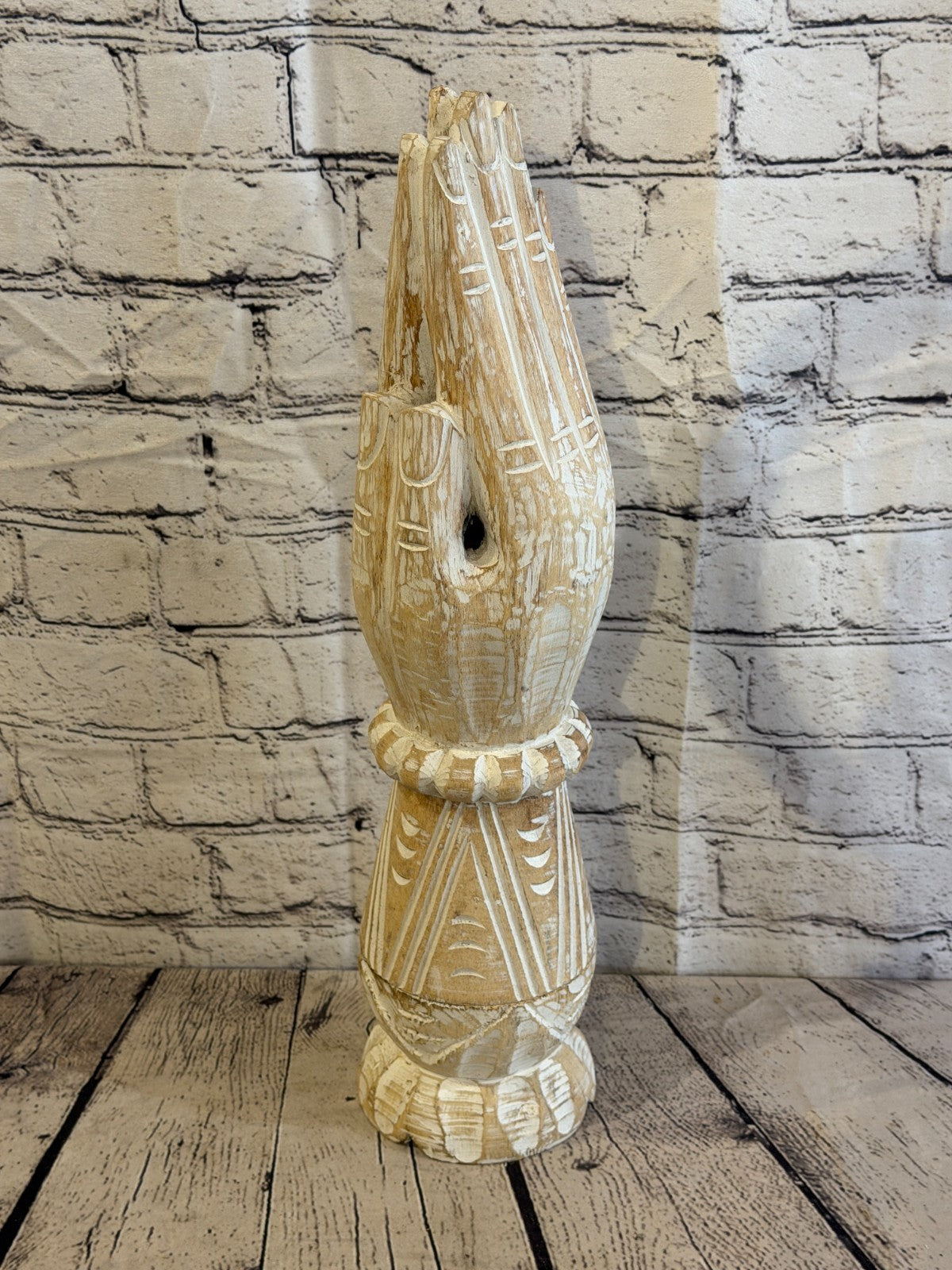 50cm White Wooden Hand Carved Praying Hands Incense Holder Two Parts0