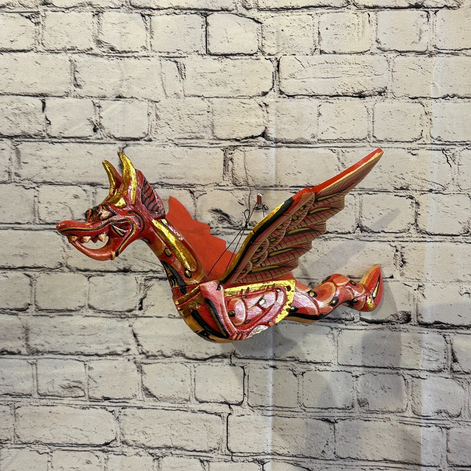 40cm Red Dragon Folk Art Carved Wood Flying Winged Mobile Spirit Chaser Guardian2