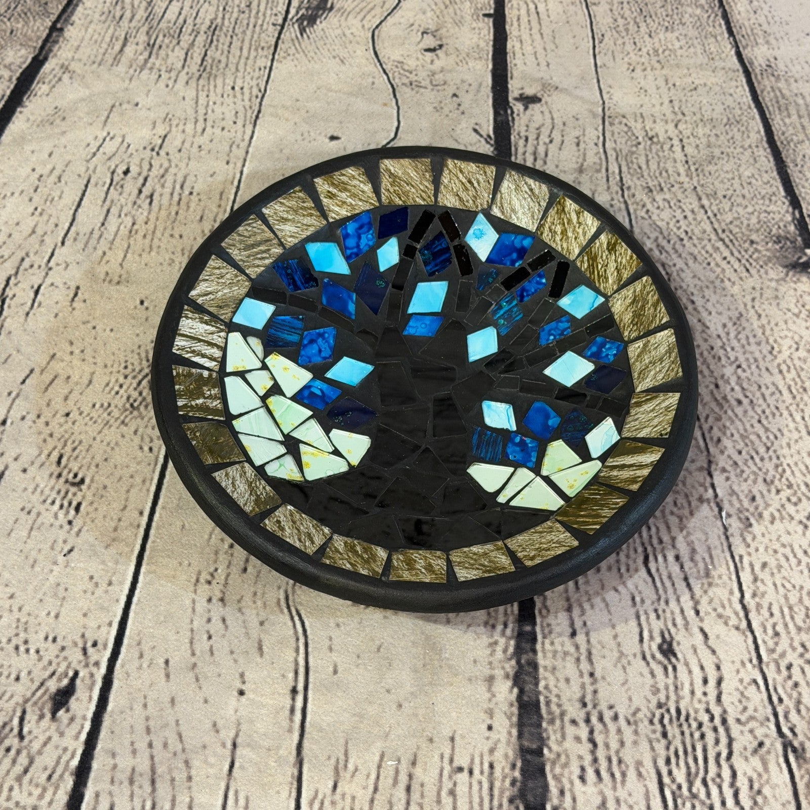 20cm Tree Of Life Blue Grey Round Mosaic Handmade Ceramic Glass Tile Bowl Fruit0