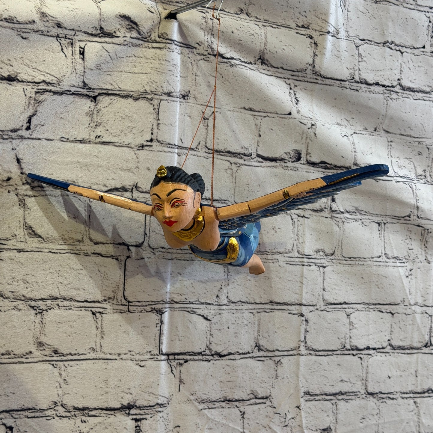 30cm Blue Sita Hindu Folk Art Carved Wood Flying Winged Mobile Spirit Guardian2