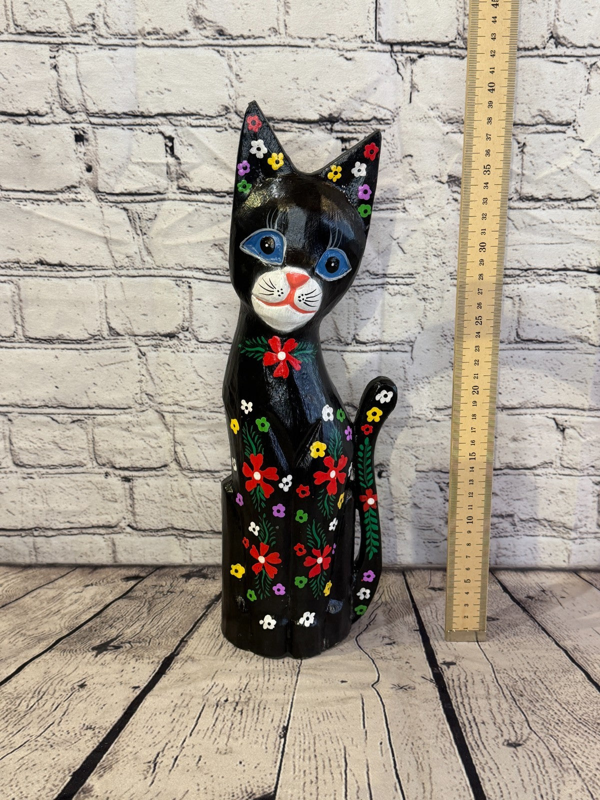 40cm Black Mix Flower Wooden Shabby Cat Statue Ornament Fair Trade Handcarved5