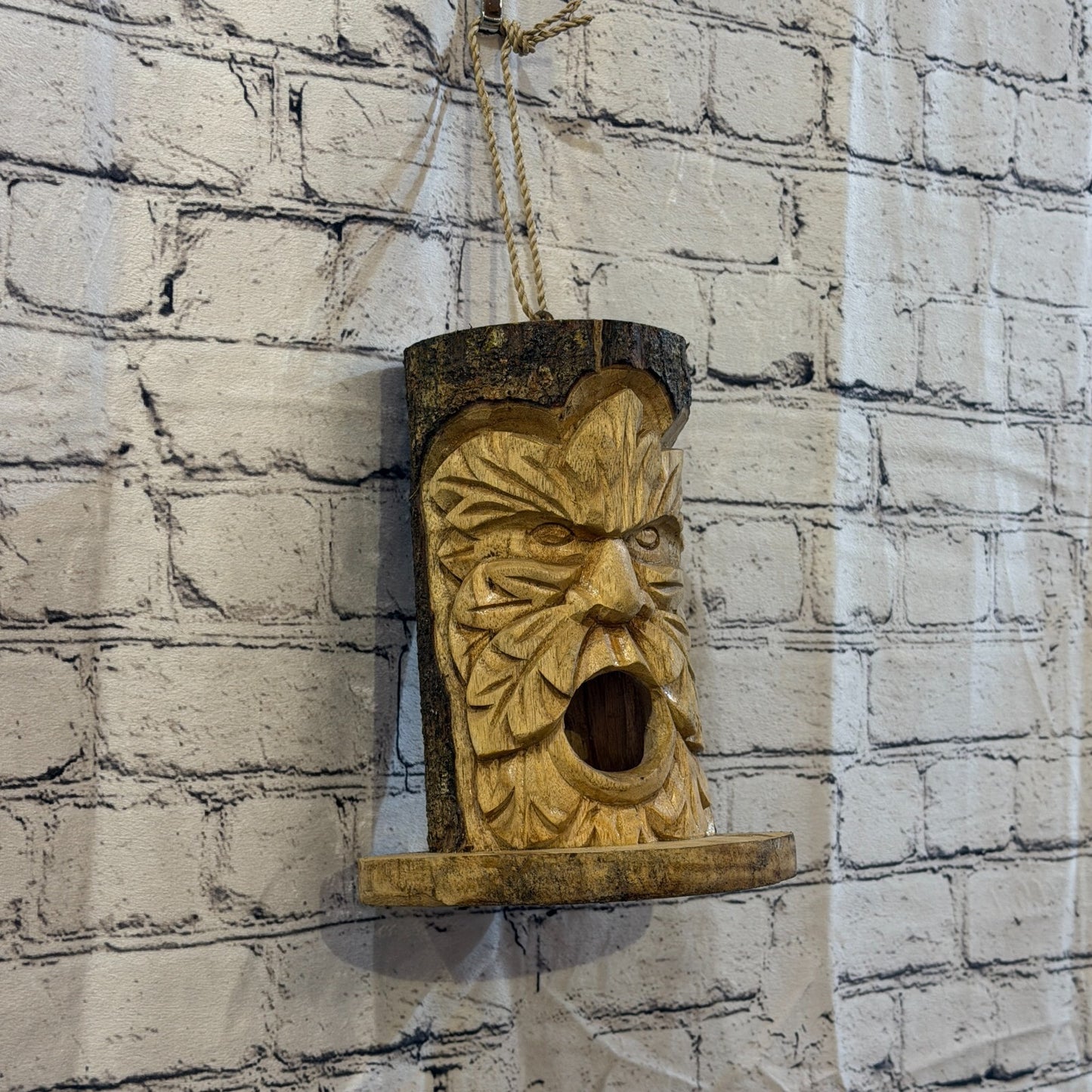 Green Man Of The Woods Bird House 20cm Carved Wizard Tree Trunk Wood Fairtrade7