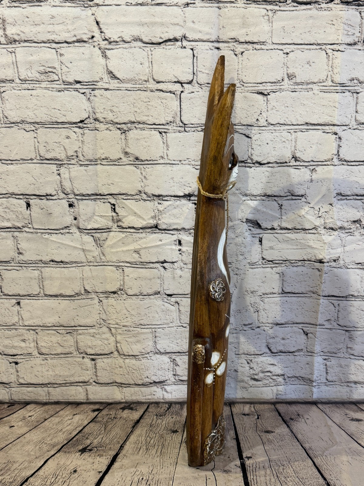 60cm Brown Silver Dots Wooden Shabby Cat Statue Ornament Fair Trade Handcarved3