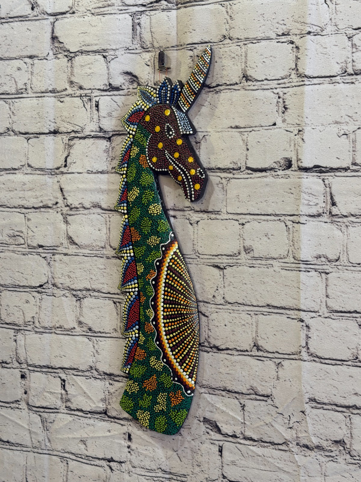 45cm Unicorn Carved Wooden Dot Painted Ethnic Tribal Tiki Wall Art No 51