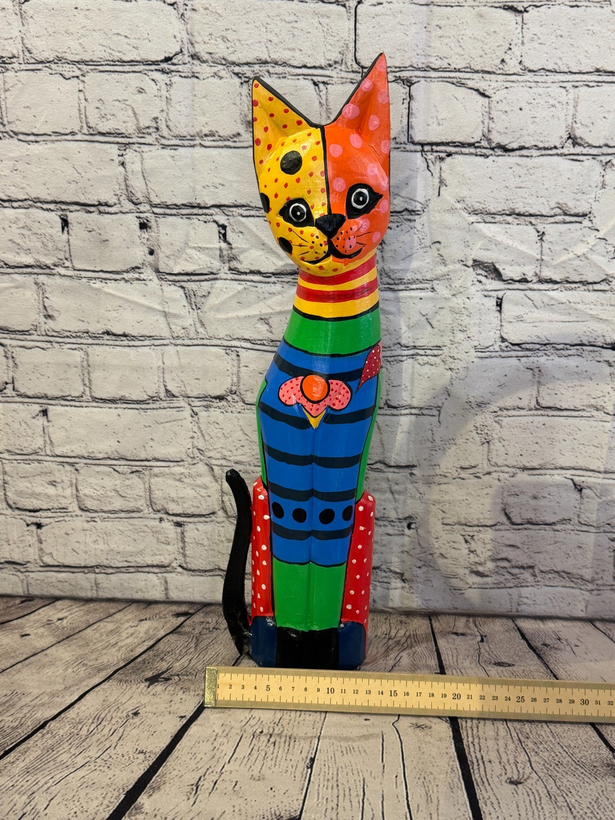 50cm Bright Mix Flower Wooden Shabby Cat Statue Ornament Fair Trade Handcarved6