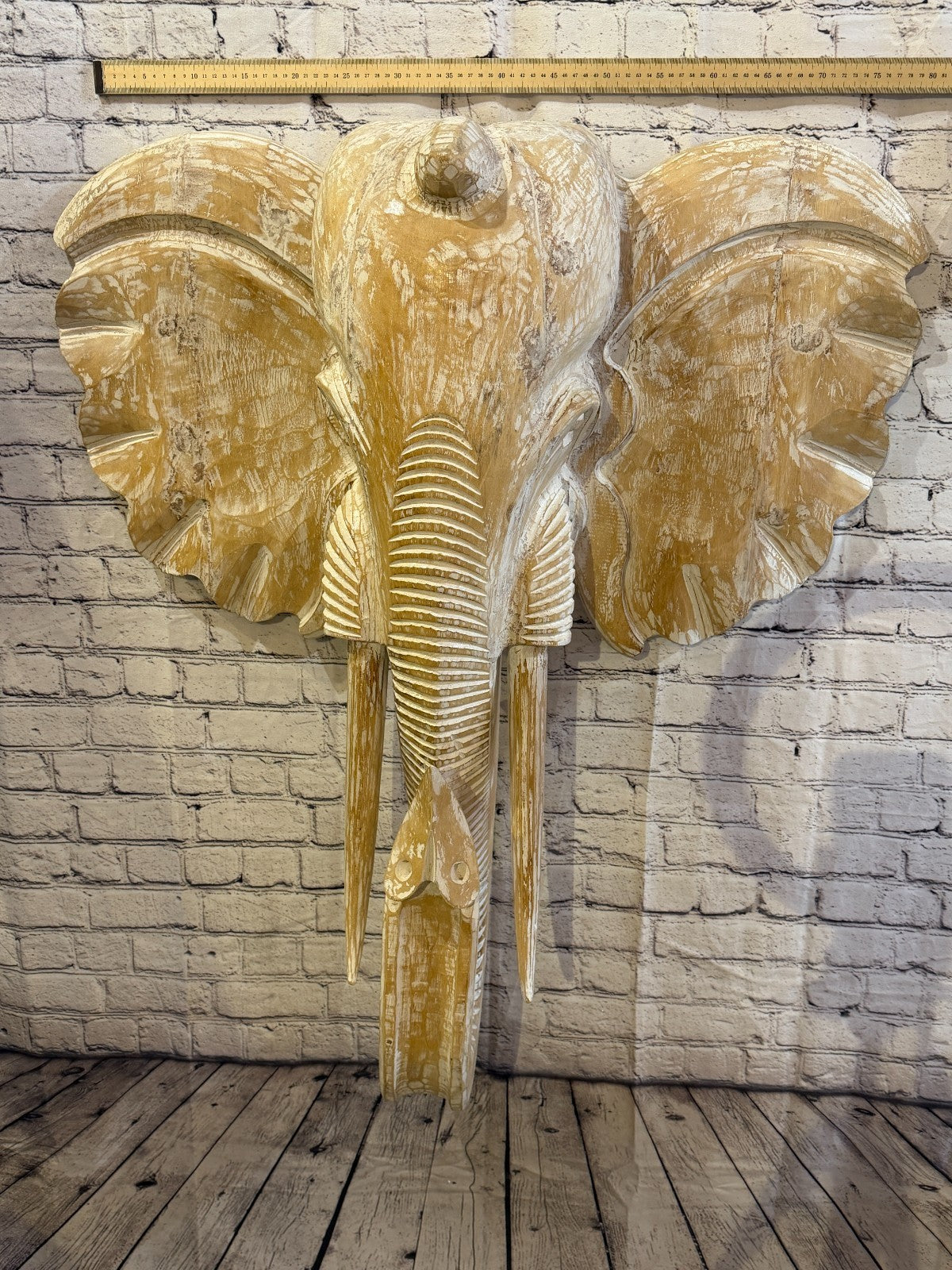 100cm x 80cm White Carved Wood Elephant Head Wall Mounted Art Large Shabby3