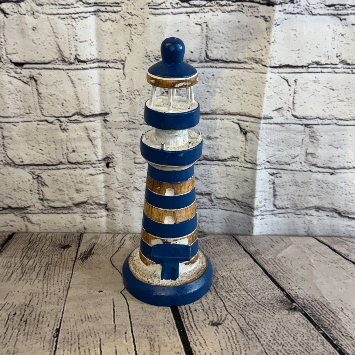 25cm Blue White Wooden Lighthouse Detailed Ornament Nautical Coastal Sculpture1