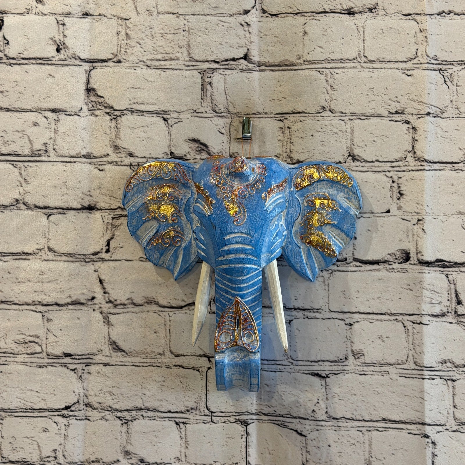 25cm x 25cm Blue Gold Painted Wood Elephant Head Wall Mounted Art Shabby2