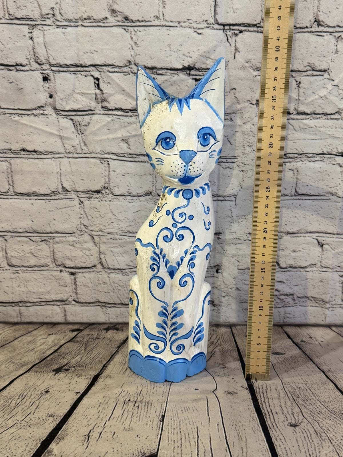 40cm Blue White Flower Wooden Shabby Cat Statue Ornament Fair Trade Handcarved5