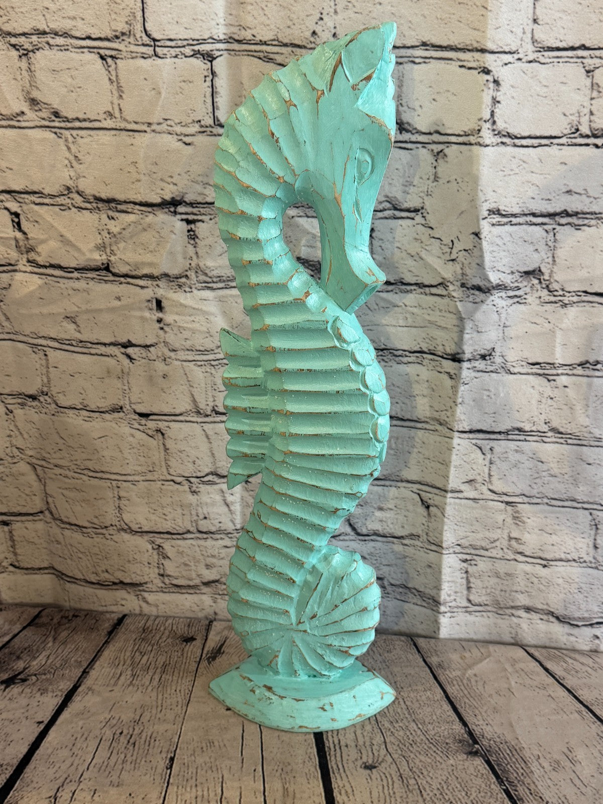 50cm Green Teal Wooden Shabby Seahorse Statue Ornament Fair Trade Handcarved3