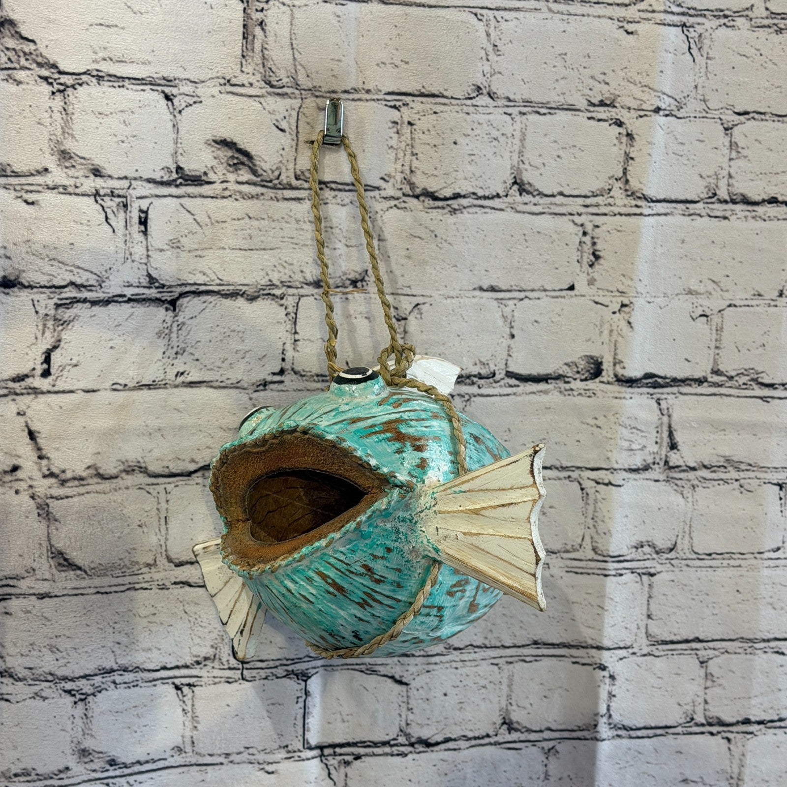 Green White Fins Folk Art Painted Shark Fish Coconut Shell Ornaments Hanging8