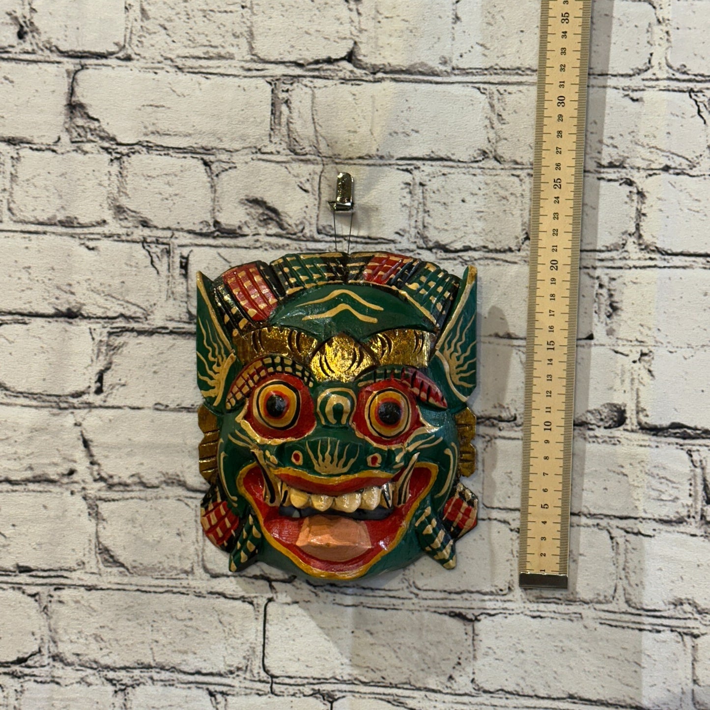 Large Wooden Green Barong Wall Mask 20cm x 20cm Handmade And Fairtrade Hindu3