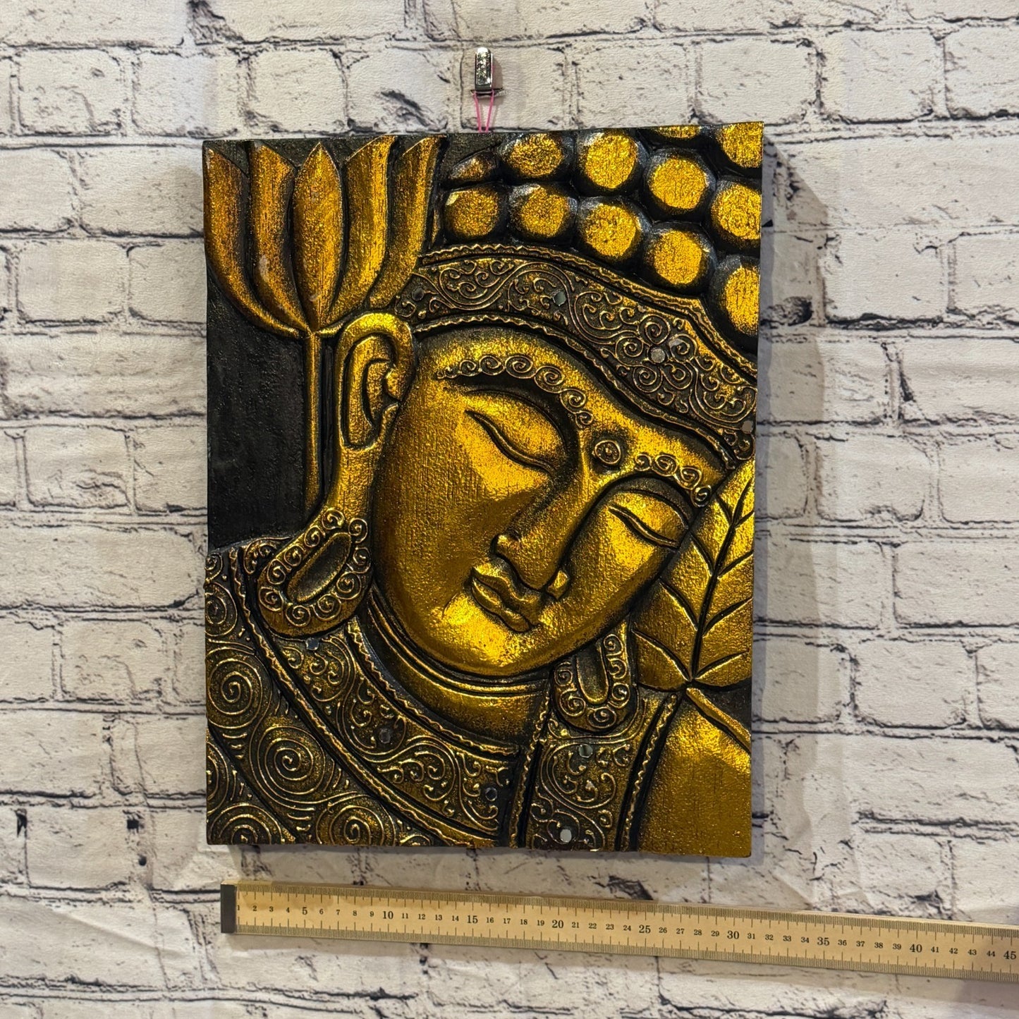 Wooden Wood Panel 40cm Gold Black Buddha Lotus Wall Art Plaque Handcarved3