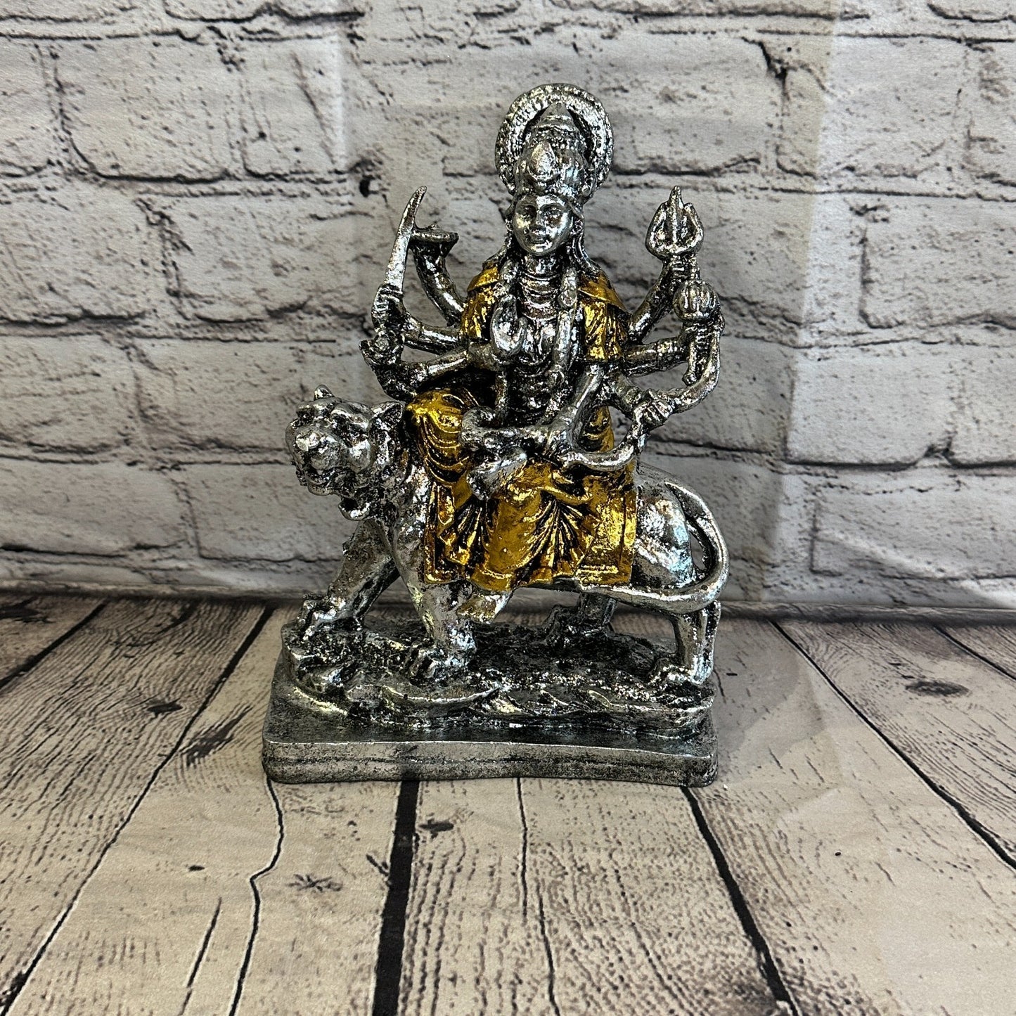 Silver And Gold 25cm x 15cm Large Durga Sitting Lotus Statue Resin Hindu God0