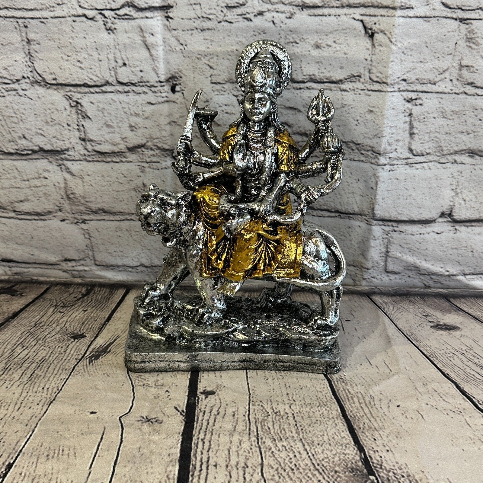 Silver And Gold 25cm x 15cm Large Durga Sitting Lotus Statue Resin Hindu God0