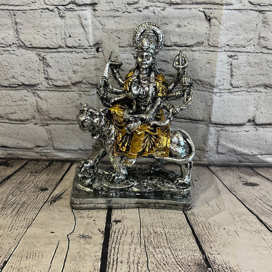 Silver And Gold 25cm x 15cm Large Durga Sitting Lotus Statue Resin Hindu God0