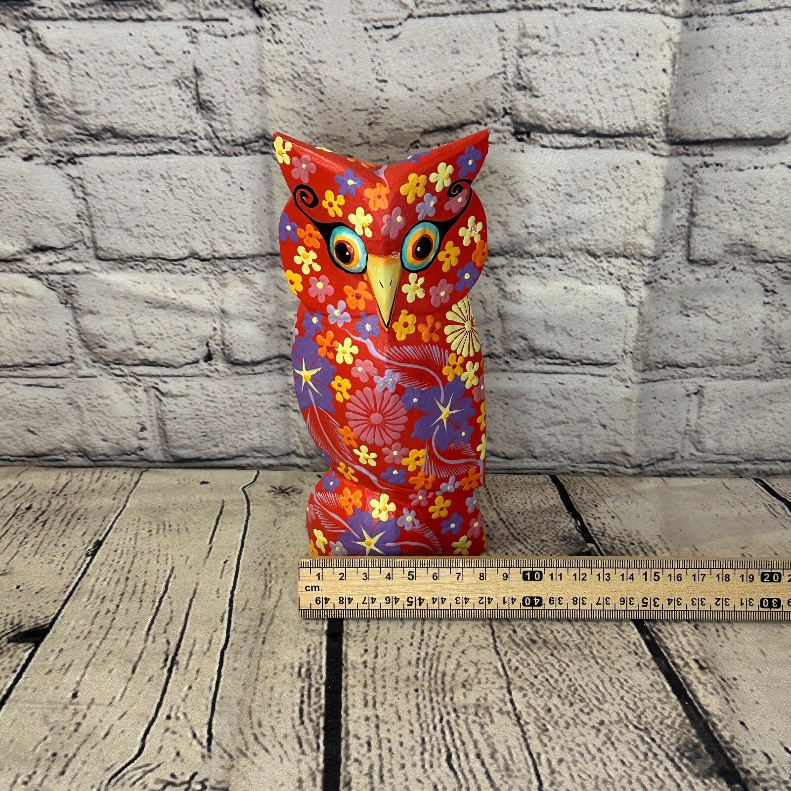 Red Large Wooden Owl With Flower Pattern 20cm x 8cm Handmade and Fairtrade6