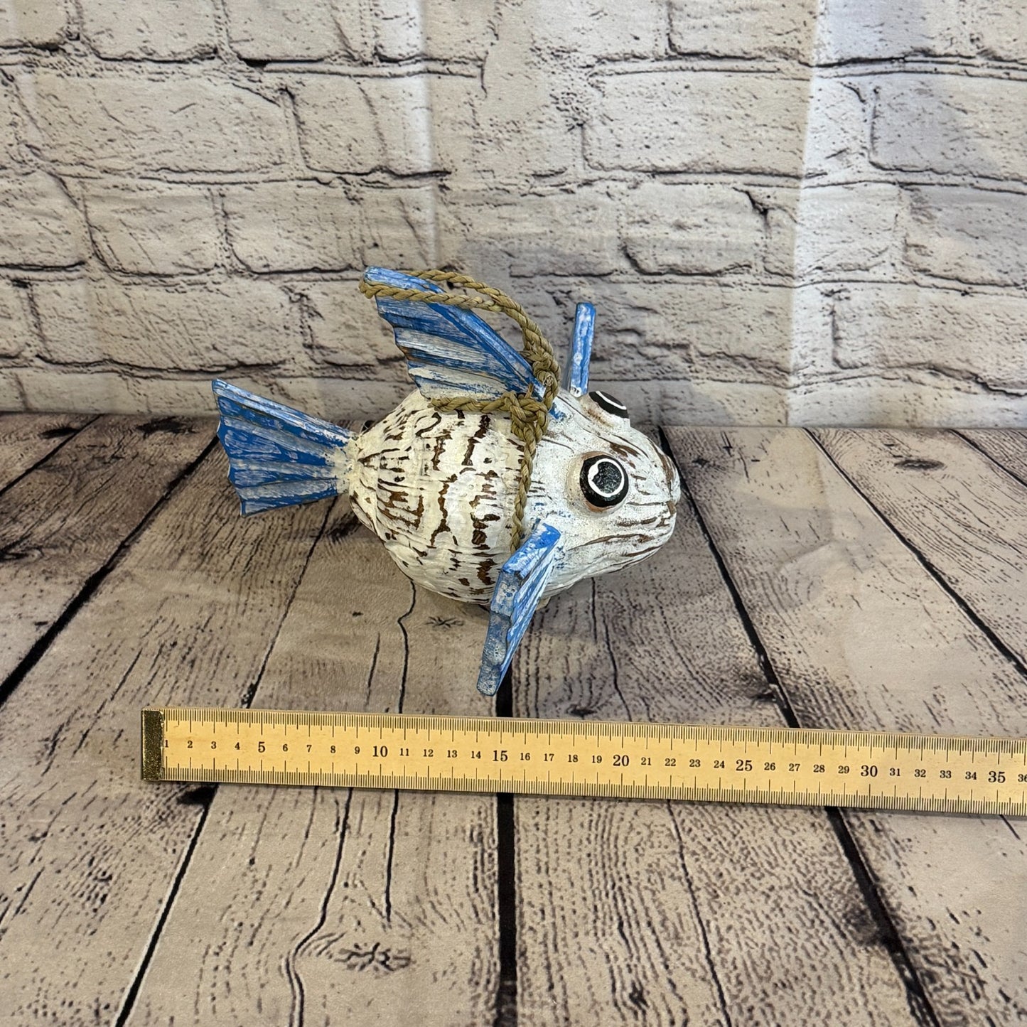 White Blue Fins Folk Art Painted Puffer Fish Coconut Shell Ornaments Hanging6