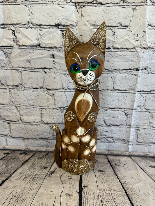 40cm Brown Swirl Flower Wooden Shabby Cat Statue Ornament Fair Trade Handcarved0