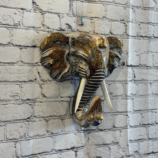30cm x 30cm Brown Gold Painted Wood Elephant Head Wall Mounted Art Shabby0