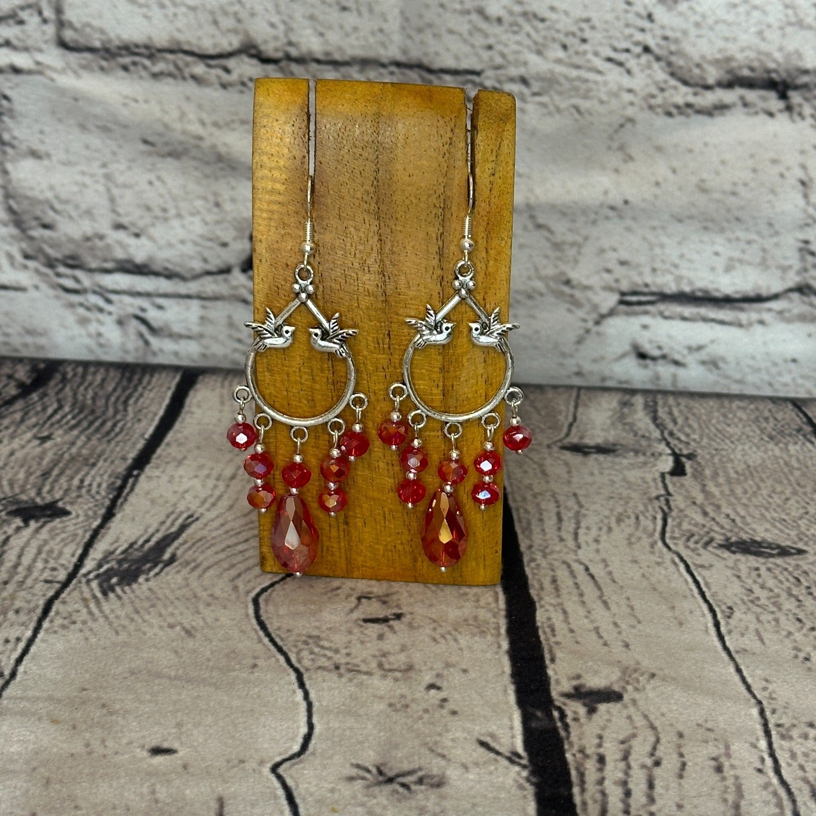 Red Drop Crystal Bird Dangle Drop Earrings Handmade UK Jewellery0