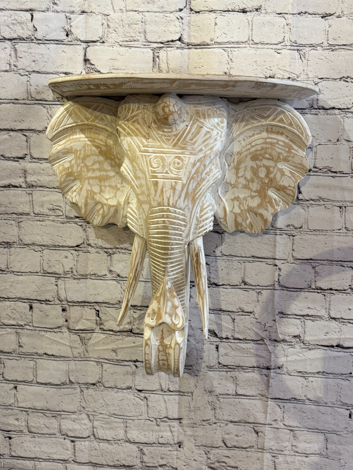 50cm x 45cm White Carved Wood Elephant Head Shelf Wall Mounted Art Large Shabby2