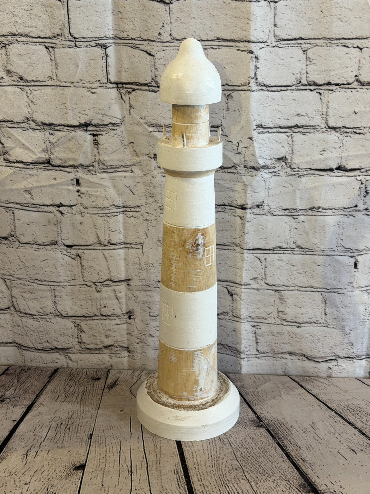 50cm Cream White Wooden Lighthouse Ornament Nautical Coastal Sculpture Statue2